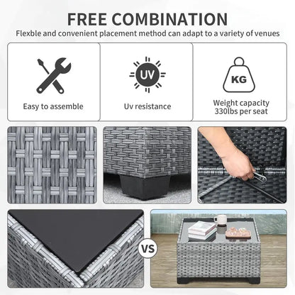 Gray Outdoor Patio Sectional Sofa Set with 7 Pieces, Washable Cushions, PE Wicker Rattan Furniture | Kimlud Outdoor...
