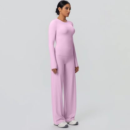 2pieces Women Gym Yoga Set Running Shirts Slim Long Sleeves Workout Top Quick Drying High Stretch Wide Leg Pants Thin Yoga Set