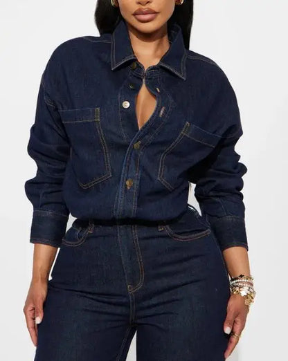Jumpsuit Women 2026 New Spring Autumn Solid Color Pocket Design Turn-Down Collar Long Sleeved High Waist Casual Denim...