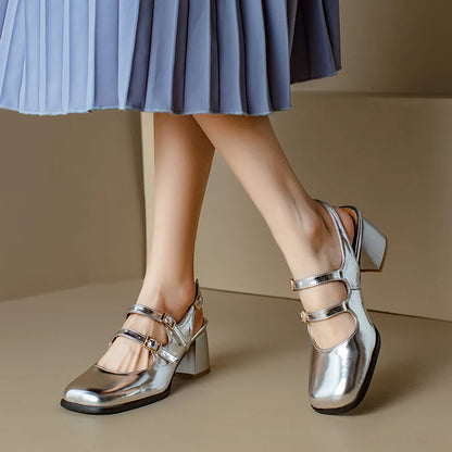Plus Size 44 45 46 Black Silver Chunky High Heels Mary Jane Shoes Women Square Toe Double Buckle Pumps Slingback Ladies Sandals - Kimlud