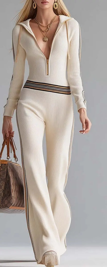 Contrast Color Stitching Pit Strip Knitted Jumpsuit New Women's Spring Autumn Long-sleeved Zippered Long-sleeved Hooded Jumpsuit - Kimlud