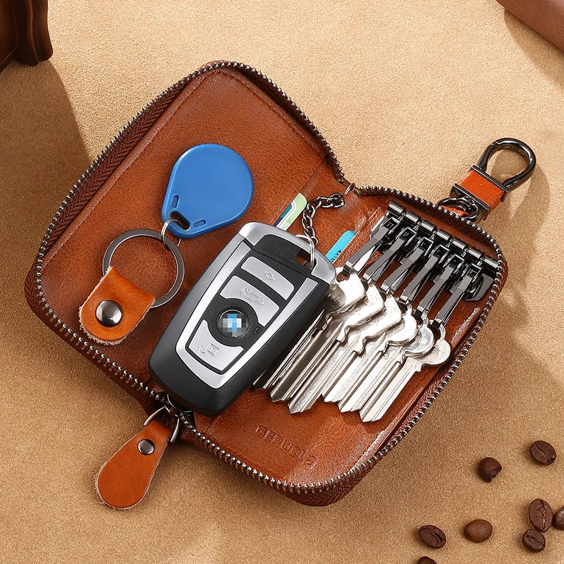Men'S Key Holder with 2 Card Slots + 1 ID Key Clip + 6 Key Rings + 1 Car Key Chain, Genuine Leather Large Capacity Multi-Car