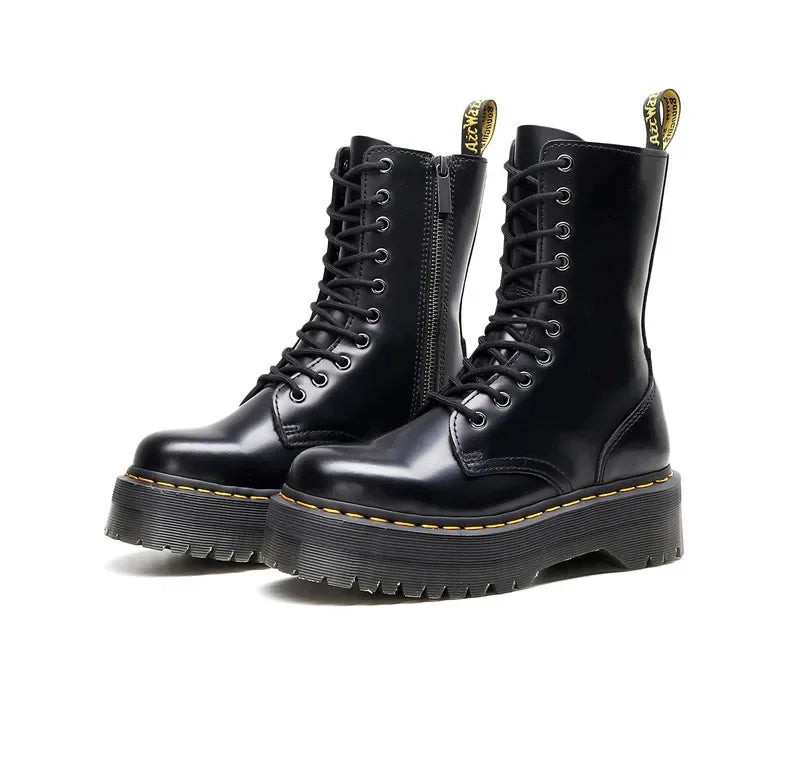 Women's Motorcycle Boots 10 Holes Thick Bottom Side Zipper British Style Long Booties Flatform Work Boots round Toe Mid Heel