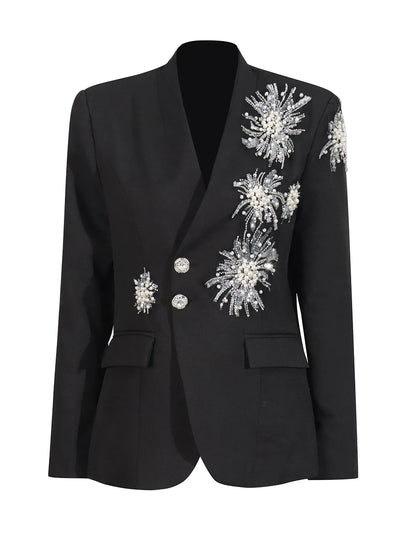 CHICEVER Solid Spliced Beading Slimming Blazer for Women Notched Collar Long Sleeve Patchwork Button Formal Coat Female Fashion