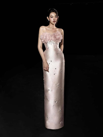 Ofherown 3D Flower Strapless Beaded Crystal Prom Gown New Blush Satin Evening Dress Elegant Formal Party Straight Maxi Dress