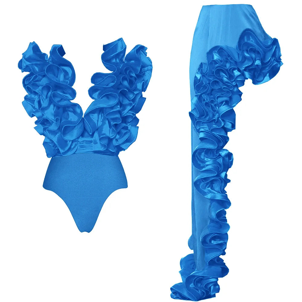 CM.YAYA Women Sets Streetwear 2 Two-piece Suits Sexy Beach Holiday Ruffles Asymmetrical V-neck Bodysuit+Long Skirts Bikinis Sets