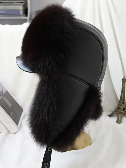 New Winter Men's 100% Real Silver Fox Fur Bomber Hat Raccoon Fur Ushanka Cap Trapper Russian Man Ski Hats Caps Real Leather Top - Kimlud