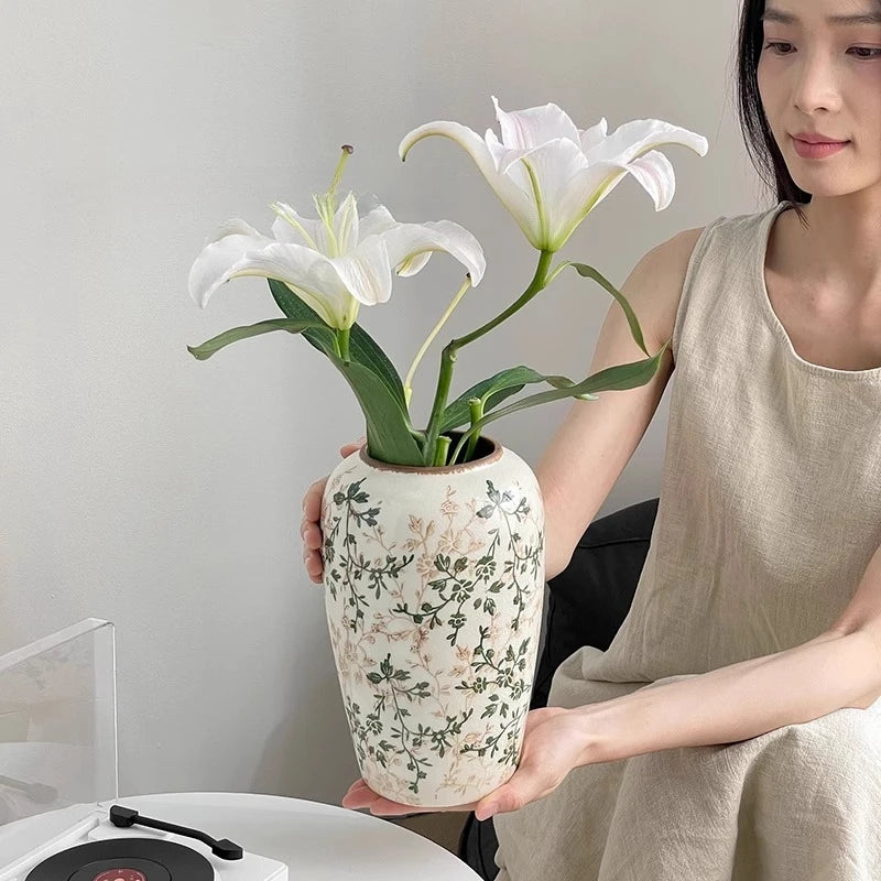 New Chinese ceramic vase dried flower water flower arrangement retro living room entrance decoration ornament small and fresh