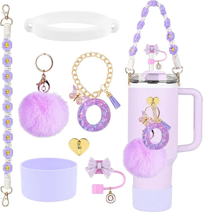 7PCS Accessories Set for Stanley Cup Purple Straw Topper Cup Boot Water Bottle Handle Strap Letter Charms 40oz 30oz Tumbler