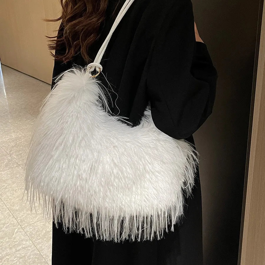 Trendy Large Capacity Plush Tote Bag Women's Crossbody Commuter Armpit Bag Street Style Fashion Soft Synthetic Leather Interior