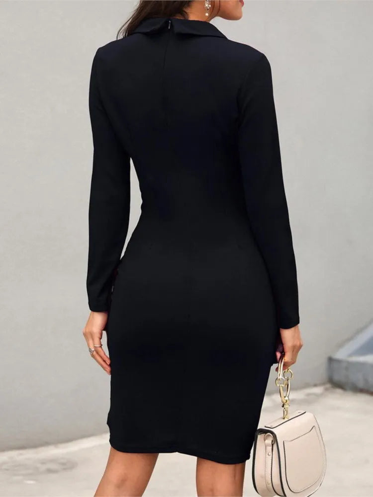 Sexy Lapel Long Sleeve Dress For Women Autumn Fashion Solid Color Button Slim Irregular Office Lady Package Hip Dresses...