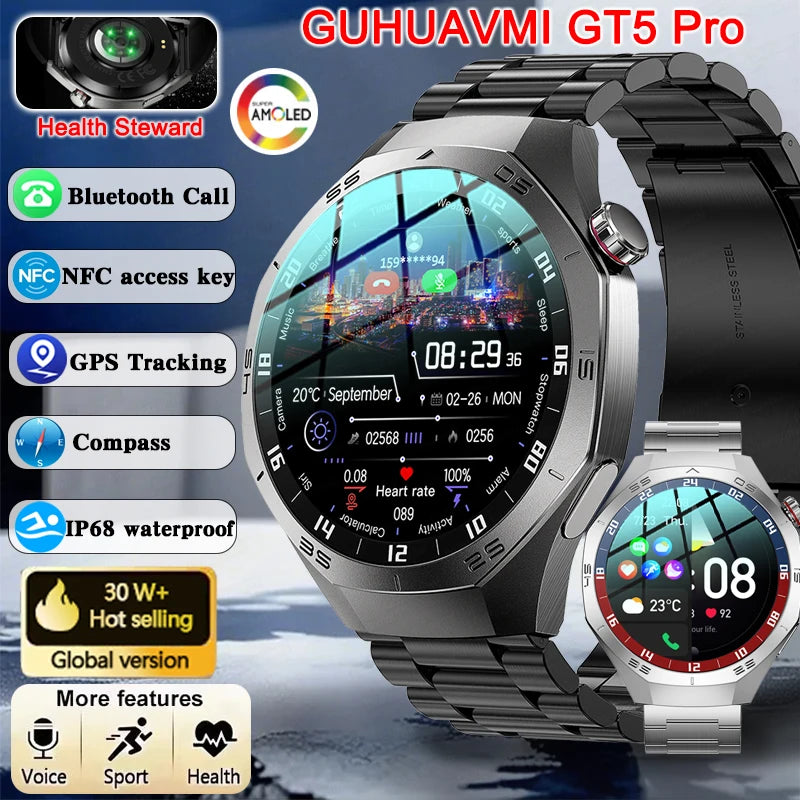 2025New GUHUAVMI GT5 Pro Smart Watch Men HD AMOLED Screen GPS Motion trajectory HeartRate Bluetooth Call 1.52" SmartWatch IP68