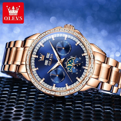 OLEVS 6695 NEW Men's Watches Full Multifunctional Dial Blue Leather Strap Calendar Week Moon Phase Waterproof Wristwatch...