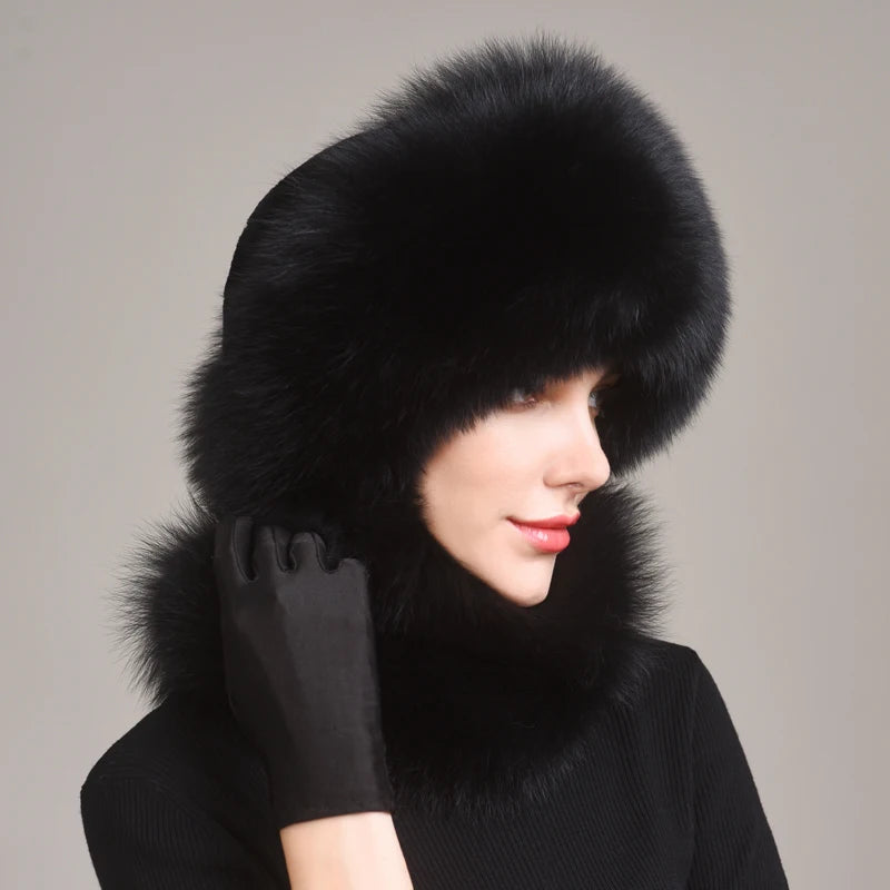 Real Fox Fur Hat with Rabbit Fur Top Girls Winter Hats with Long Tail Pompoms Russian Trapper Hats Bombers Cap Bonnets...