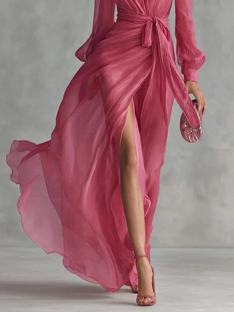 DFCF 2026 New Women Summer Fashion Solid Color V Neck Party Long Dresses Casual Elegant Long Sleeve Lace Up Split Maxi...