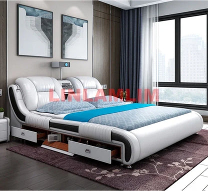 BJ Genuine Leather Bed Multifunctional Beds Ultimate Massage Camas With Bluetooth,Speaker,Safe,Air Cleaner, Projector,Drawers