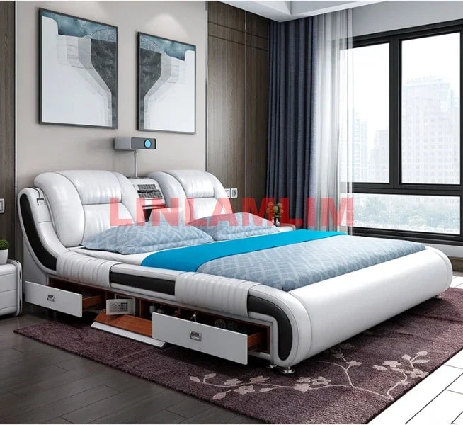 BJ Genuine Leather Bed Multifunctional Beds Ultimate Massage Camas With Bluetooth,Speaker,Safe,Air Cleaner, Projector,Drawers