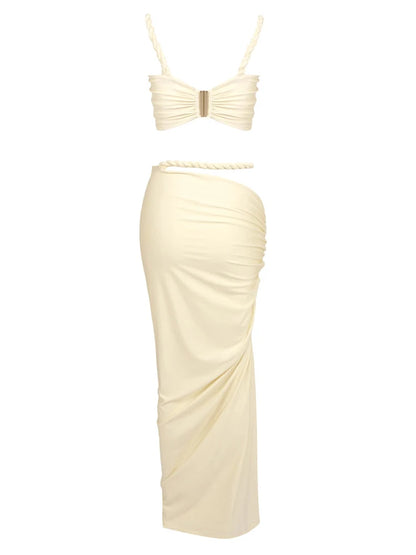 Sexy 2 Piece Set Women Straps Folds Crop Top + Ruched Bodycon Long Skirt Two Piece Dresses Sets Elegant Evening Club...