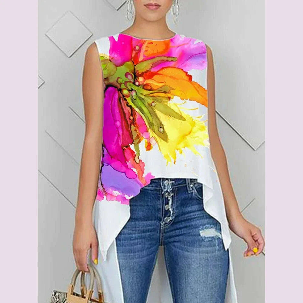 Summer High-Low Loose Flower Print Round-Neck T-Shirts Blouses Casual Sleeveless Tops Vest For Women