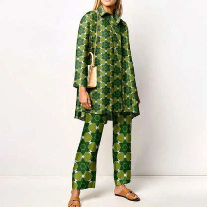 Autumn New Loose Vintage Printed Pant Sets Women Long Sleeve Shirts And Wide Legs Trousers Two Piece Set 2024 Fashion Streetwear