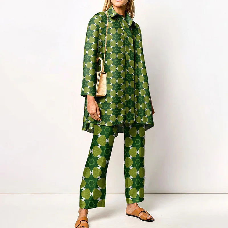 Autumn New Loose Vintage Printed Pant Sets Women Long Sleeve Shirts And Wide Legs Trousers Two Piece Set 2024 Fashion Streetwear