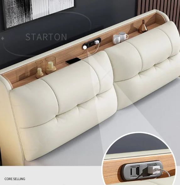 Pure White Nordic Style Oak Panel Queen Bed Frame Steel Frame Cama Modern Bed Queen Size Bed | Kimlud Luxury Bed