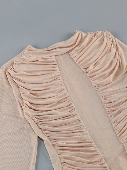 Sexy Long Sleeve Tulle Sheer Gathered Maxi Dress for Women Beige O Neck Mesh Folds See Though Slim Runway Evening Party...