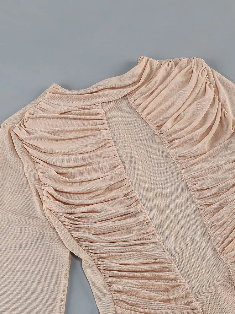 Sexy Long Sleeve Tulle Sheer Gathered Maxi Dress for Women Beige O Neck Mesh Folds See Though Slim Runway Evening Party...