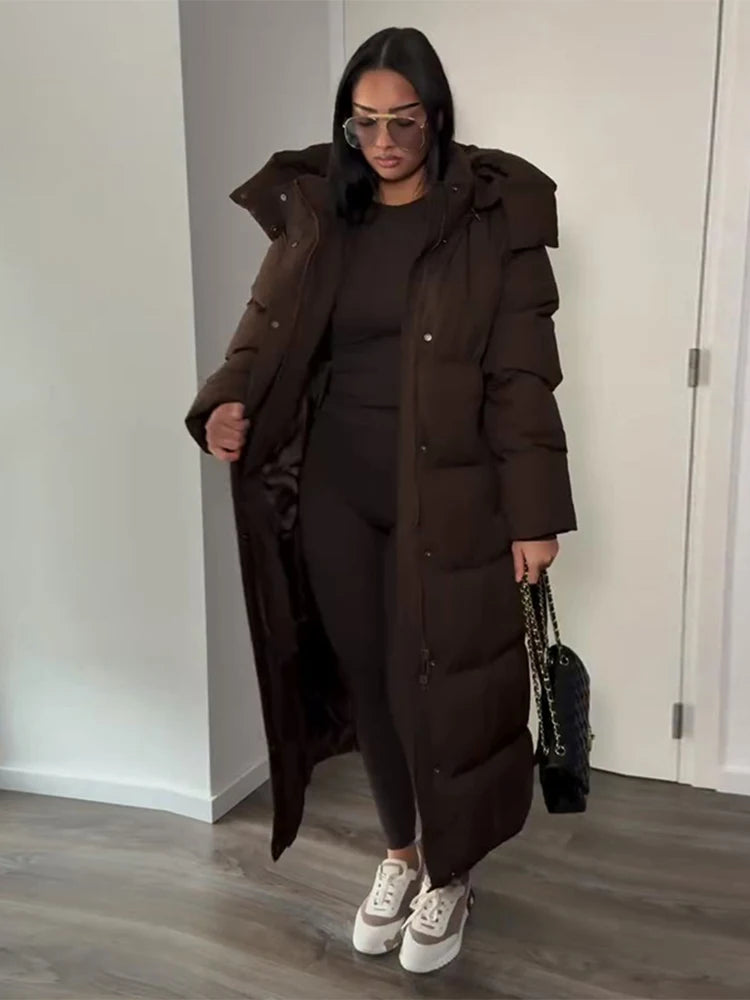 Hooded Lace up Long Jacket Woman Solid Color Zipper Long Sleeve Loose Coats Versatile Warm Minimalist Women's New Winter Jackets