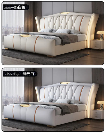 Home Leather bed with light modern minimalist lit 150x200 180x200 200x220 cm Double bed 2 people bedroom beds frames Furniture