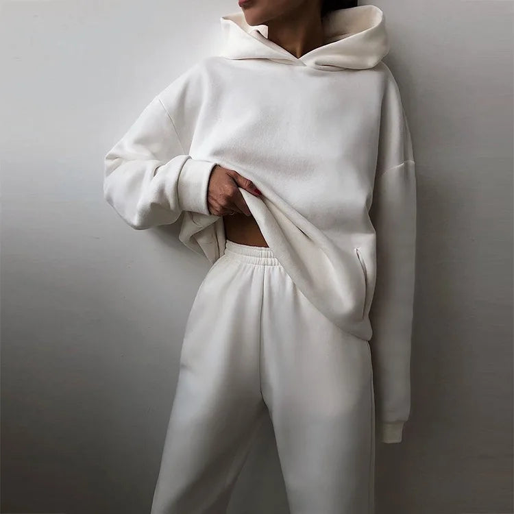 2 Pieces Set Women New Fashion Leisure Autumn Winter Pure Color Fleece Hooded two-piece Sports Suits Dropshipping LKX21660