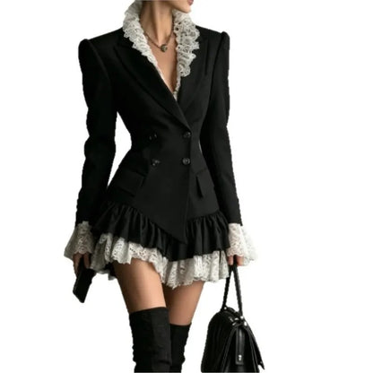 Autumn Lapel Double‑Breasted Lace Ruffle Mini Dresses Women Fashion Long Sleeve Short Dress Elegant Ladies Party...