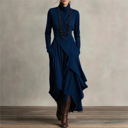 Irregular Dress Solid Color Long Sleeve Spring Autumn Women's New Cross High Neck Long Dress Vestidos Para Mujer Ropa Mujer