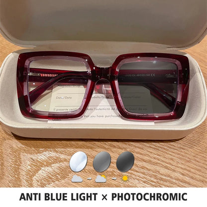 BLMUSA Square Photochromic Blue Light Blocking Large Frame Eyeglasses fashion Reading Glasses ladies Prescription Myopia Glasses - Kimlud