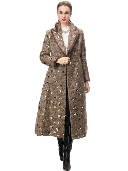 IEQJ Fashion Autumn Winter Woolen Coat Women Turn-Down Collar Fur EdgeDouble Breasted Long Sleeves Sequins Slim Blends Coat New