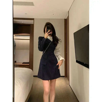 Hikigawa Chic Fashion Women Elegant Patchwork Striped Dresses Office Lady Early Autumn Vintage All Match MIni Vestidos Mujer