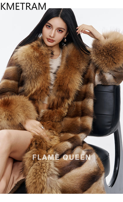 KMETRAM Natural Muskrat Fur Coat Woman Luxury Long Real Fur Jacket Raccoon Dog Fur Collar Winter Coats Women Clothing 2025 шуба