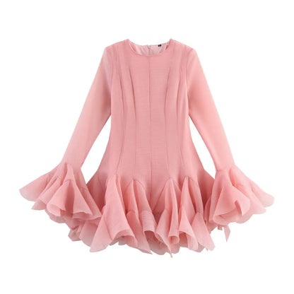 2026 Summer Women's Elegant Multi-Layered Ruffled Hem Mini Dresses Lady Sweet French Style Long Flare Sleeve Slim Fit Puffy Robe - Kimlud