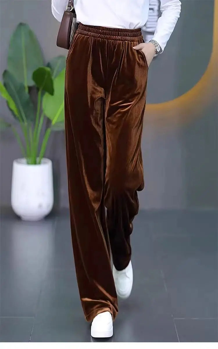 Korean Fashion Women Pleuche Pants Autumn Winter Elastic High Waist Solid Pockets Loose Office Lady Straight Wide Leg Trousers