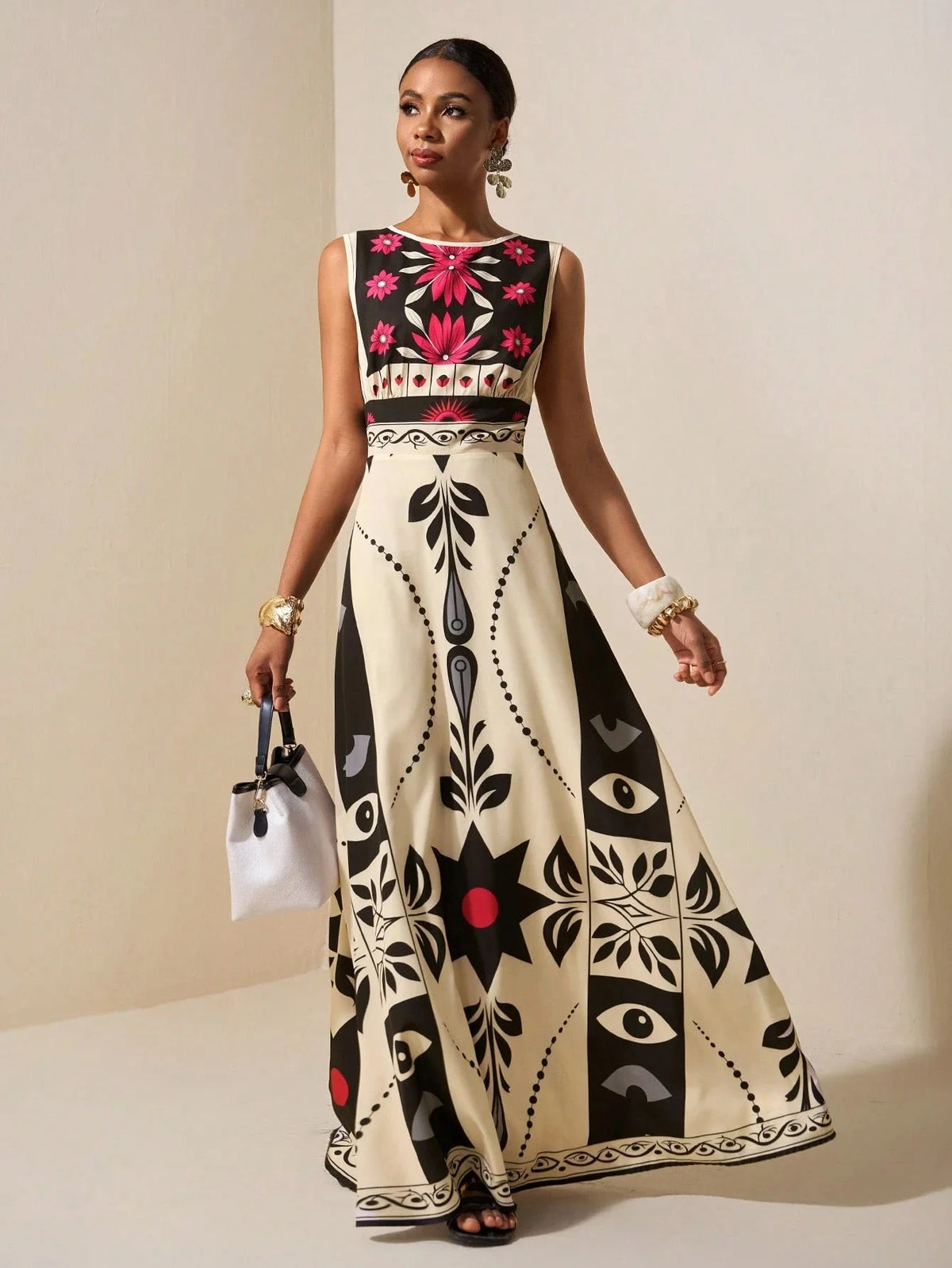 Elegant Red Floral Tribal Sleeveless Dress High Waist A Line Maxi Gown, For Wedding Guest Evening Party Vacation Outfits...