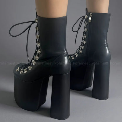 Women Sexy Ankle Boots Platform Shoes Chunky Heel Short Boots Round Toe Metal Buckle Decor Zipper Punk Style Dance Boots