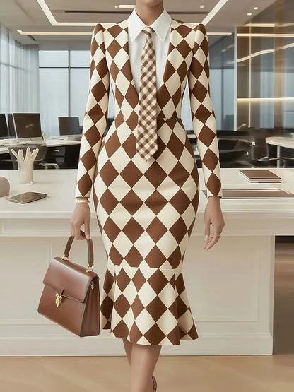 Turn-Down Collar Simple Mermaid Dress, Women Spring Autumn Long Sleeve Print Trumpet Dress, New Fashion Office Chic Ladies Dress