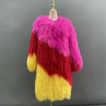 Long Mongolian Real Fur Coat For Women Elegant Fluffy Solid Thicken Warm Long Sleeves Coats Winter Chic Long Style