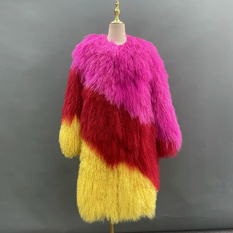 Long Mongolian Real Fur Coat For Women Elegant Fluffy Solid Thicken Warm Long Sleeves Coats Winter Chic Long Style