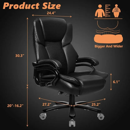 500lbs Heavy Duty Big And Tall Office Chair Dual Rubber Wheel Executive Desk Chair for Low Back Pain Relief