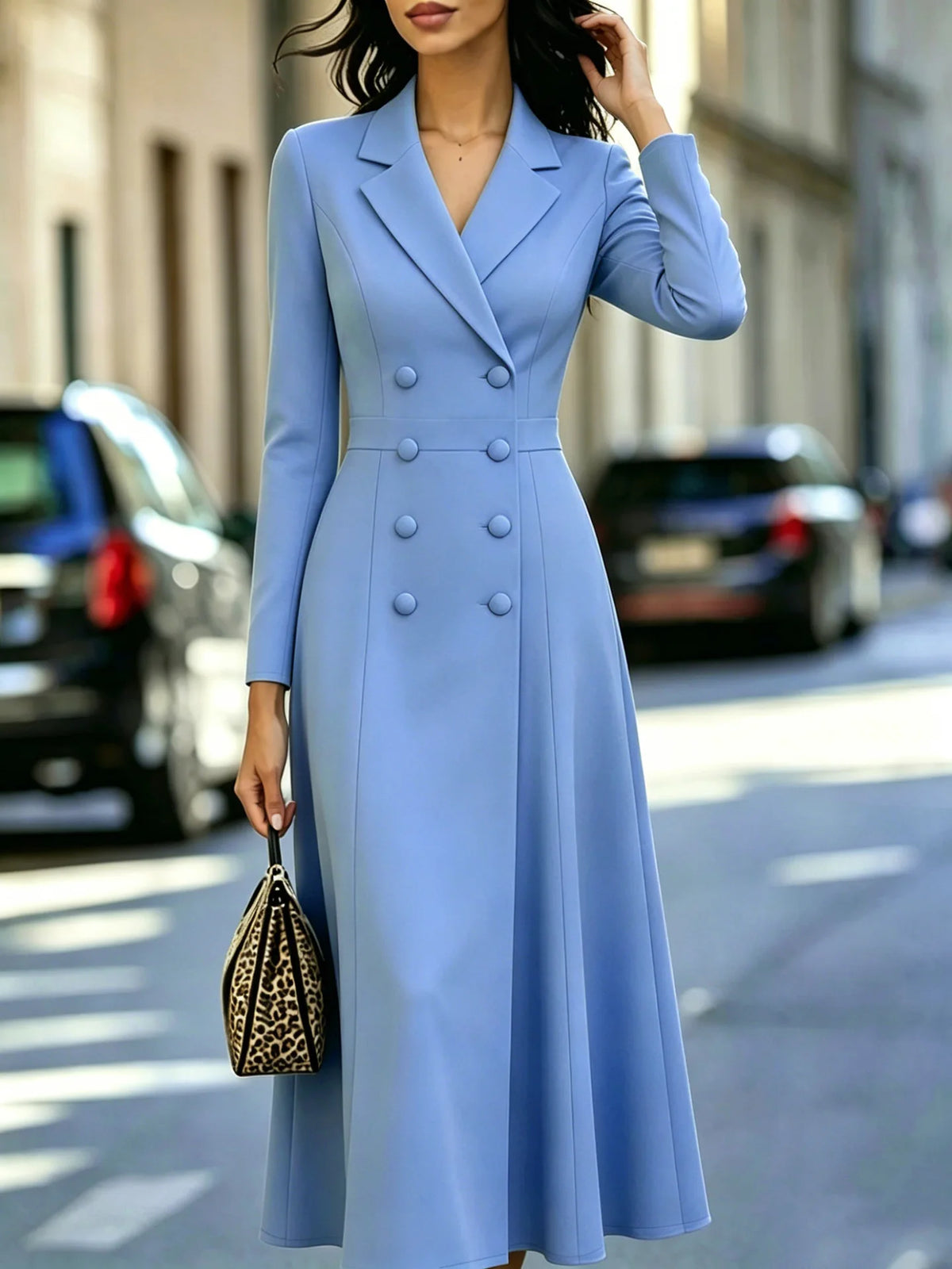 Fashionable Long Dress Elegant Solid Color Casual Slim Autumn Winter Commuting Style Long-sleeved Double-breasted Waist...