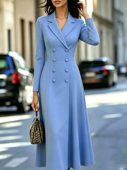Fashionable Long Dress Elegant Solid Color Casual Slim Autumn Winter Commuting Style Long-sleeved Double-breasted Waist...