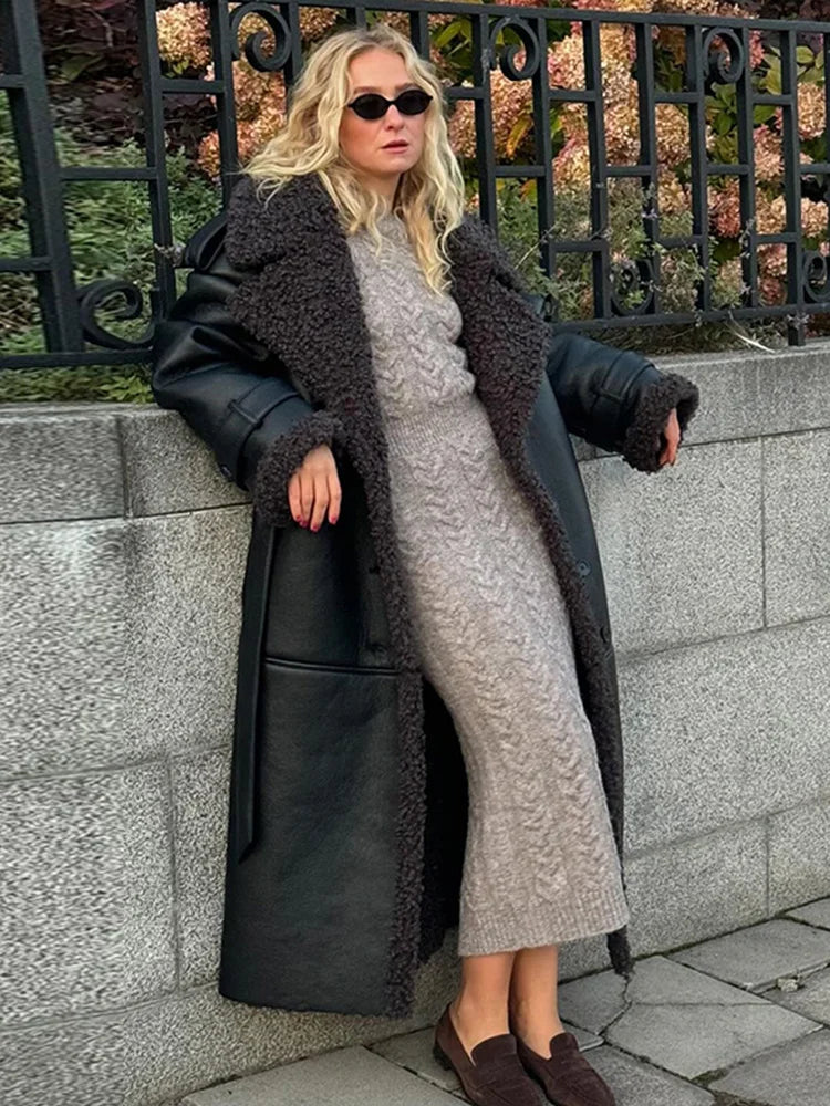 Vintage Patchwork Fur Leather Coats Women Lapel Lace Up Long Sleeve Thicken Warm Jacket 2025 Winter Lady New Streetwear Overcoat