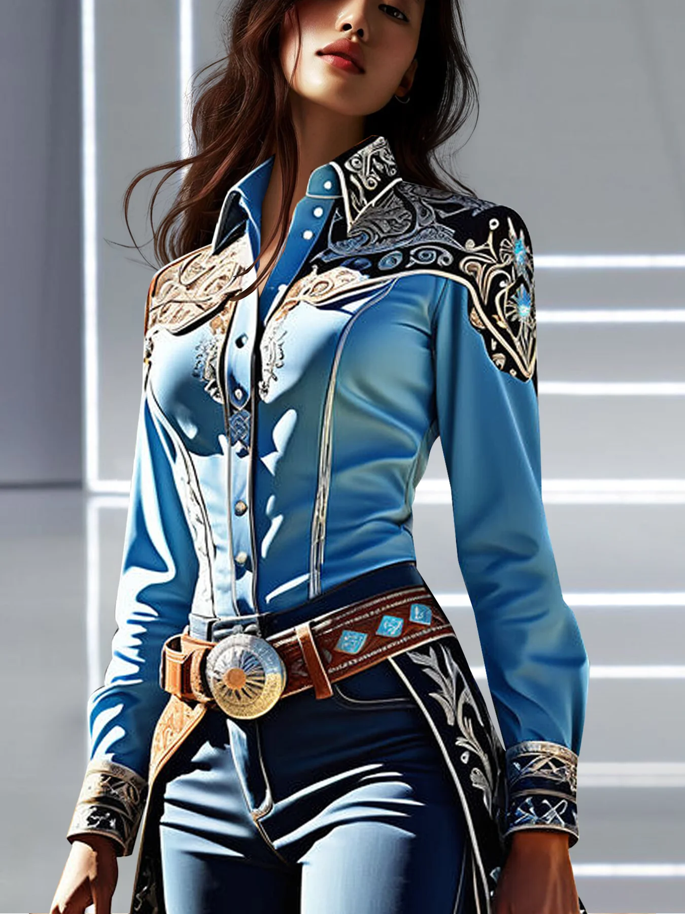 American Retro Shirt for Women Ethnic Western Printed Long Sleeve Turn Down Collar Corset Patchwork Casual Blouse Shirts...