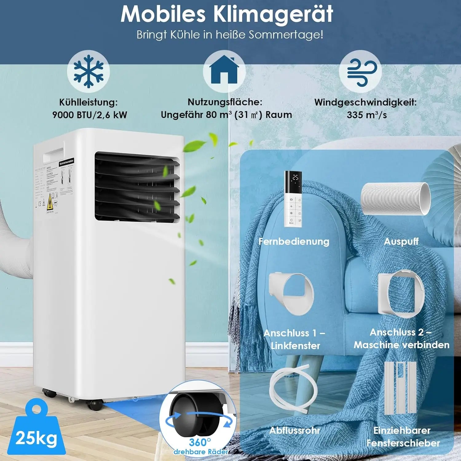 Portable Air Conditioner,Dehumidifying,Ventilating,Dust Filter,9000 BTU/h 2.6 KW,with Exhaust Hose,Remote Control,Wheels...